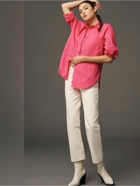 Maeve Anthropologie The Bennett Coral Red Cotton ButtonUp Shirt Long Sleeve XSP